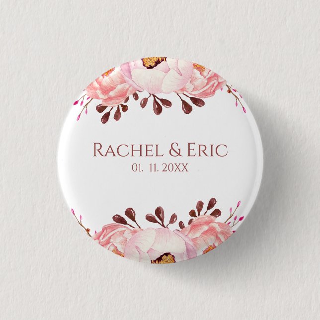Blush Floral Wedding Button mit Individuellen Name (Vorderseite)