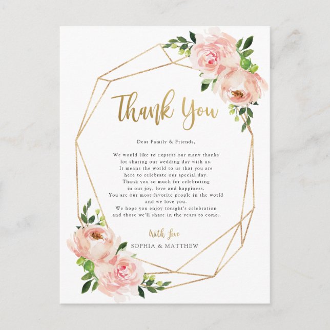 Blush Floral Wedding Geometric Danke Post Card Postkarte (Vorderseite)