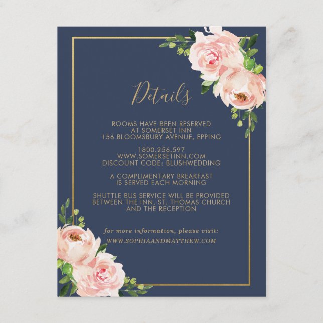 Blush Floral Wedding Guest Details Begleitkarte (Vorderseite)