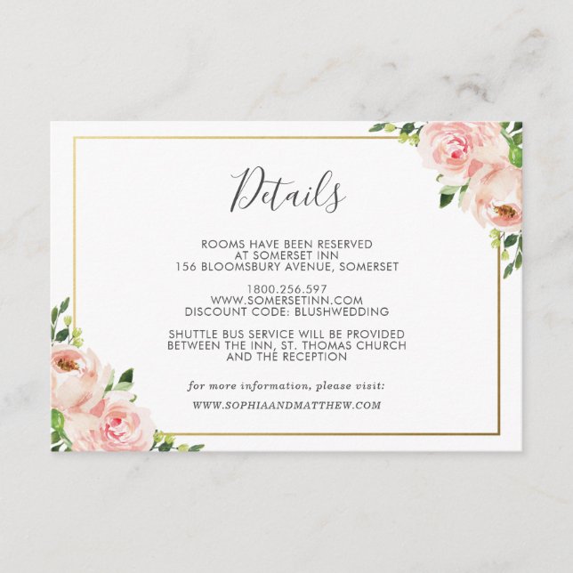 Blush Floral Wedding Guest Details Begleitkarte (Vorderseite)