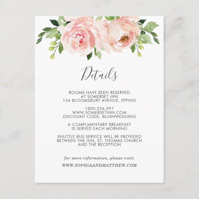 Blush Floral Wedding Guest Details Begleitkarte (Vorderseite)