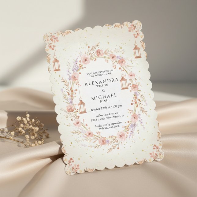 Blush Floral Wedding Invitation with Lanterns Einladung (Elegant floral wedding invitation with soft blush tones)
