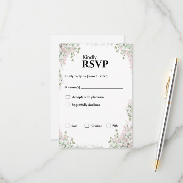 Blush Floral Wedding | Minimalistisches Skript RSVP Karte (Vorderseite/Rückseite Beispiel)