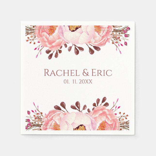 Blush Floral Wedding Napkin mit Individuellen Name Serviette (Vorderseite)