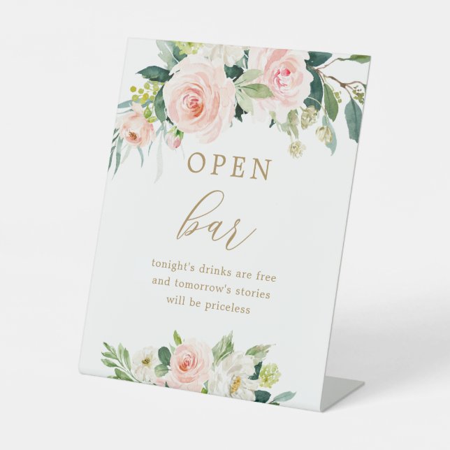 Blush Floral Wedding Open Bar Sign Sockelschild (Vorderseite)