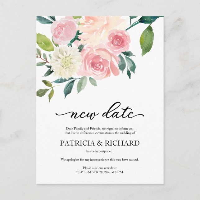 Blush Floral Wedding Postponement Neuer Termin Postkarte (Vorderseite)