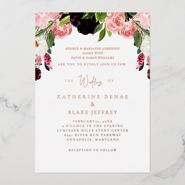 Blush Floral Wedding Rose Gold Foil Einladung (Vorderseite)