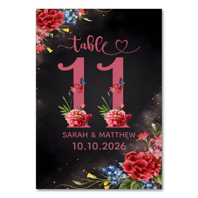 Blush Floral Wedding Table Number 11 Card Tischnummer (Vorderseite)