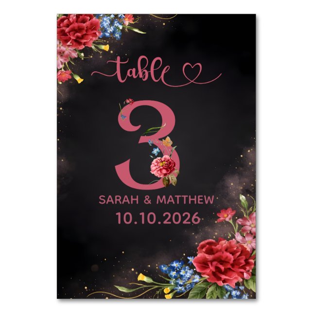 Blush Floral Wedding Table Number 3 Card Tischnummer (Vorderseite)