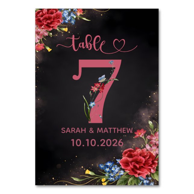 Blush Floral Wedding Table Number 7 Card Tischnummer (Vorderseite)