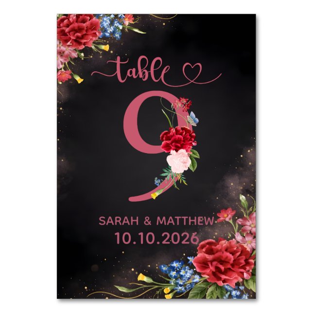 Blush Floral Wedding Table Number 9 Card Tischnummer (Vorderseite)
