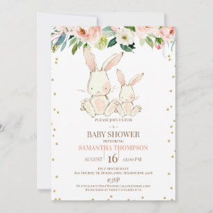 Blush Floral White Bunnies Girls Babydusche Einladung