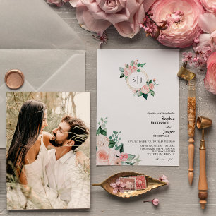 Blush Floral White Monogram Foto Wedding Einladung