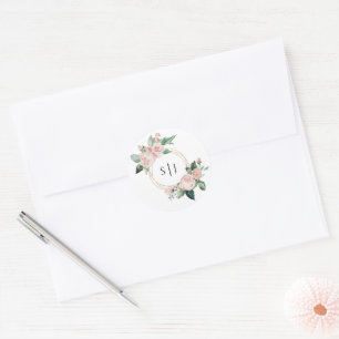 Blush Floral White Monogram Wedcker Runder Aufkleber