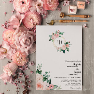 Blush Floral White Monogram Weditation Einladung