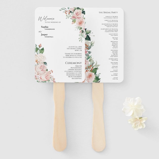 Blush Floral White Wedding Program Fan Fächer (Vorne und Hinten)