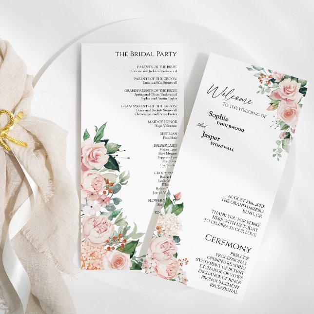 Blush Floral White Wedding Programm (Von Creator hochgeladen)