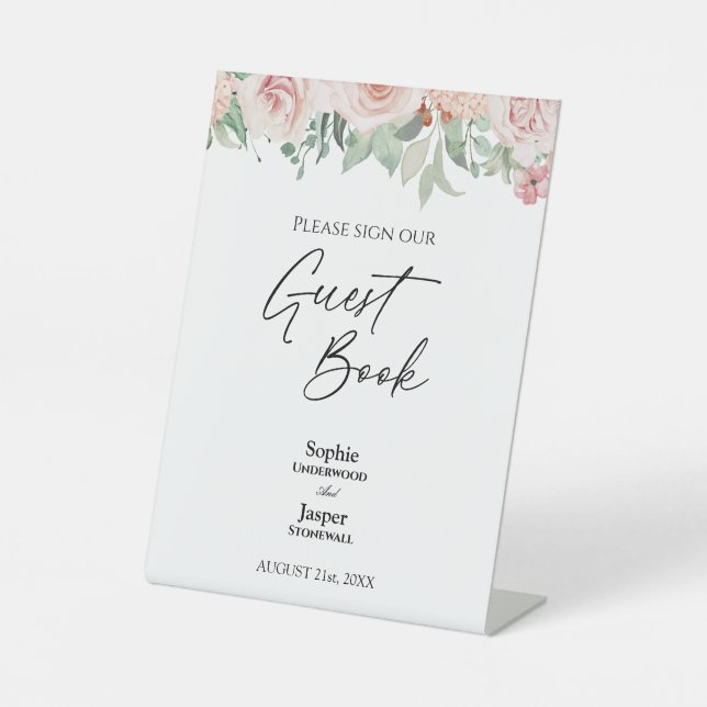 Blush Floral White Wedge Guest Book Sign Sockelschild (Vorderseite)