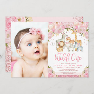 Blush Floral Wild Safari Tiere Mädchen 1. Geburtst Einladung