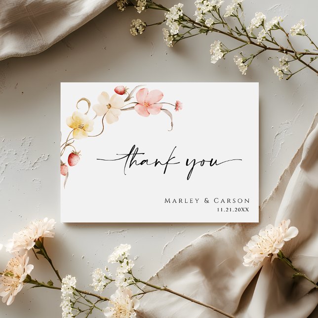 Blush Floral Wildflower Elegant Script Wedding Dankeskarte (Von Creator hochgeladen)