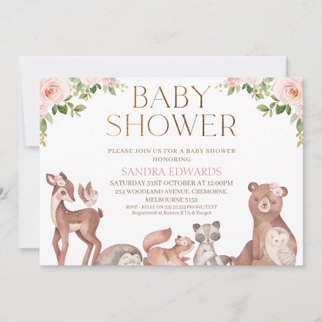Blush Floral Woodland Animals Baby Dusche Einladung (Vorderseite)
