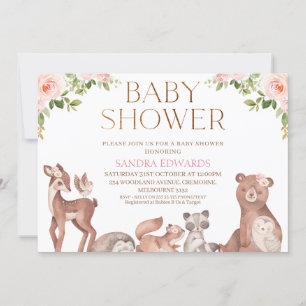 Blush Floral Woodland Animals Baby Dusche Einladung