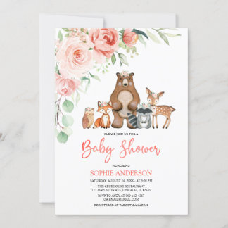 Blush Floral Woodland Animals Girl Baby Dusche Einladung