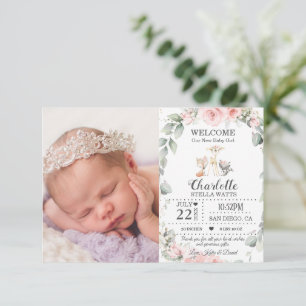 Blush Floral Woodland Animals New Baby Foto Birth Ankündigung