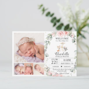 Blush Floral Woodland Animals New Baby Foto Birth Ankündigung