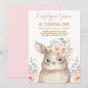 Blush Floral Woodland Bunny Rabbit 1. Geburtstag Einladung
