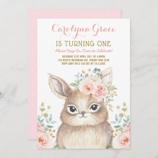 Blush Floral Woodland Bunny Rabbit 1. Geburtstag Einladung
