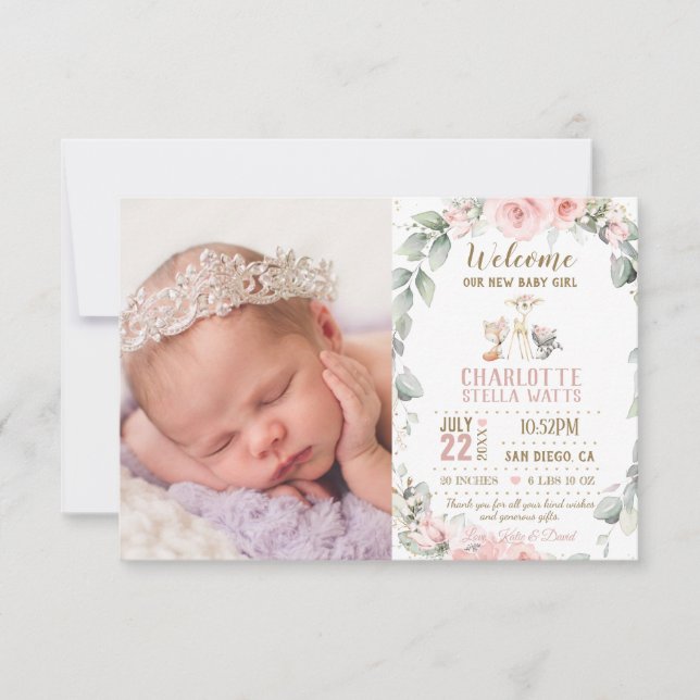 Blush Floral Woodland New Baby Girl Foto Birth Ankündigung (Vorderseite)