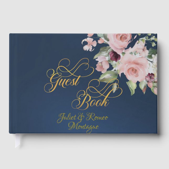 Blush Floral & Wreath - Blue/Gold Gästebuch (Vorderseite)