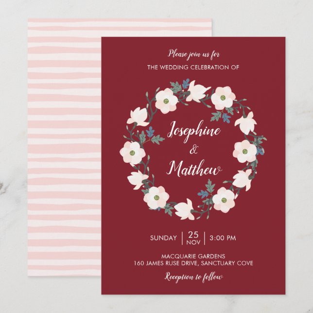 Blush Floral Wreath Bugundy Wedding Einladung (Vorne/Hinten)