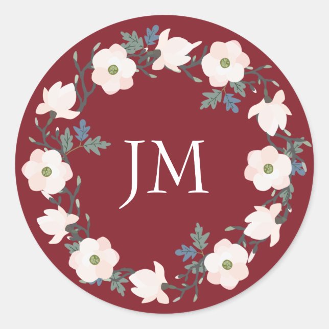 Blush Floral Wreath Burgundy Monogram Wedding Runder Aufkleber (Vorderseite)