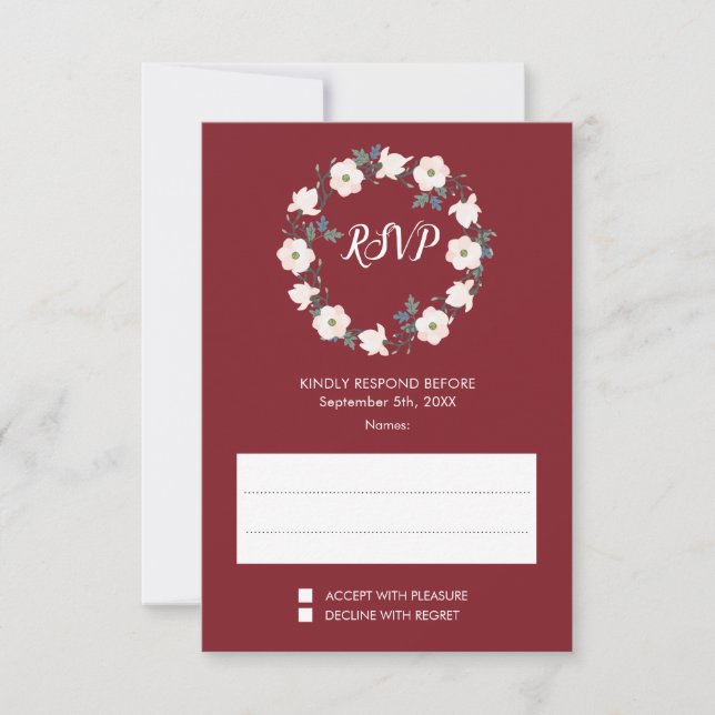 Blush Floral Wreath Burgundy Wedding RSVP Karte (Vorderseite)