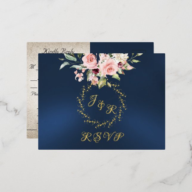 Blush Floral & Wreath RSVP - Blue Folie Einladungspostkarte (Vorderseite/Rückseite)