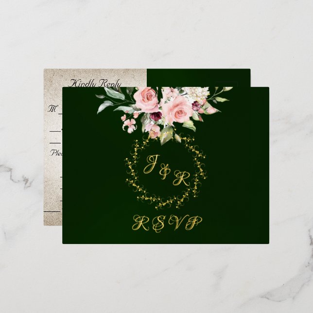 Blush Floral & Wreath RSVP - Emerald Folie Einladungspostkarte (Vorderseite/Rückseite)