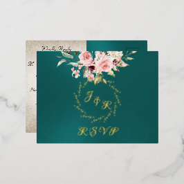 Blush Floral & Wreath RSVP - Teal Folie Einladungspostkarte