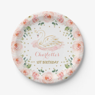 Blush Floral Wreath Swan Princess Birthday Party Pappteller