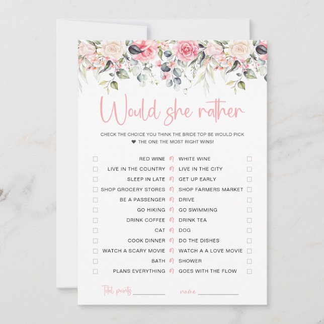 Blush Floral würde sie eher Bridal Game Card Einladung (Vorderseite)