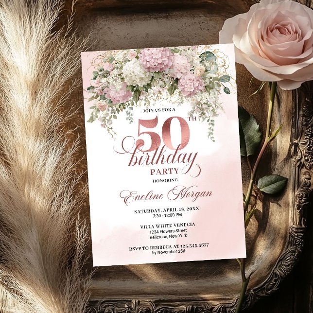 Blush Florals and Greenery Rose Gold 50th Birthday Einladung (Blush Florals and Greenery Rose Gold 50th Birthday)