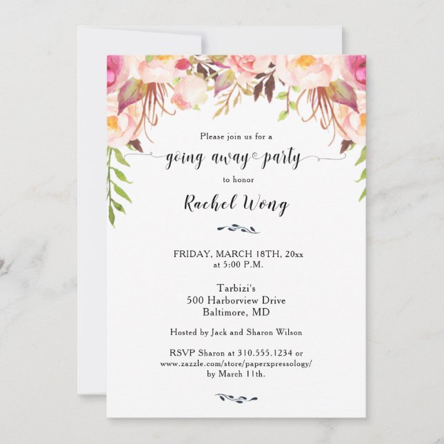 Blush Florals Bewegung weg Party Foto Einladung (Vorderseite)