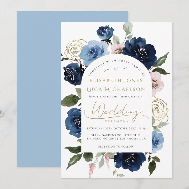 Blush Florals Botanical Blue Wedding Einladung (Vorne/Hinten)