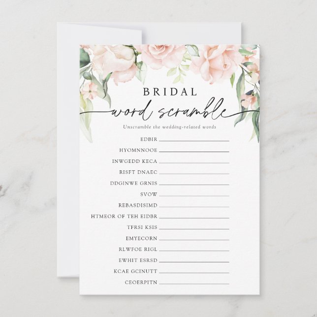 Blush Florals Bridal Word Scramble Game Card Einladung (Vorderseite)