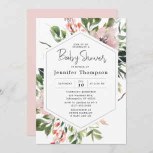 Blush Florals & Green Watercolor Babydusche Einladung