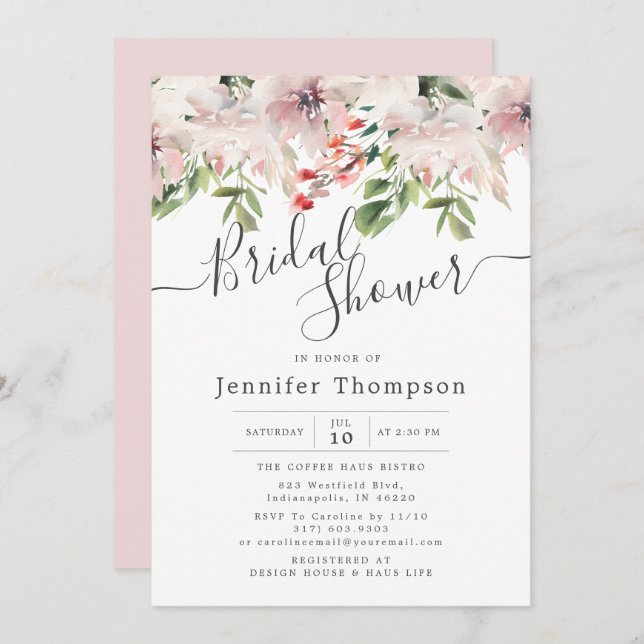 Blush Florals & Greenery Brautparty Einladung (Vorne/Hinten)
