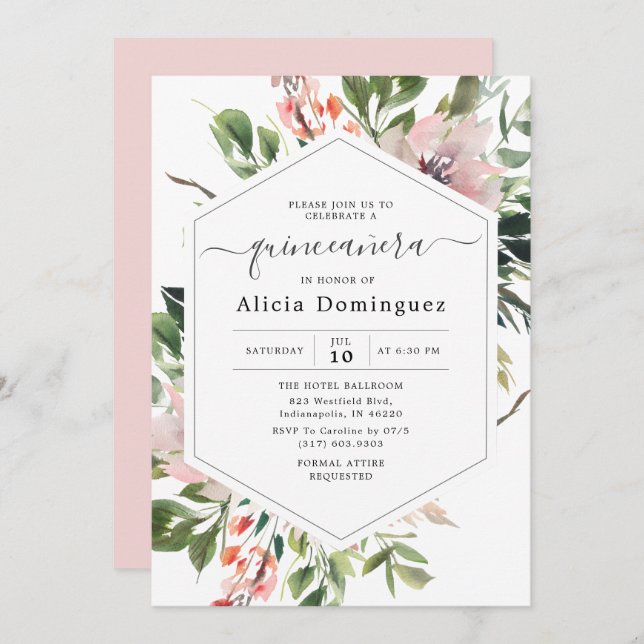 Blush Florals & Greenery Wasserfarbe Quinceañera Einladung (Vorne/Hinten)