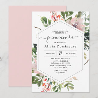Blush Florals & Greenery Wasserfarbe Quinceañera Einladung