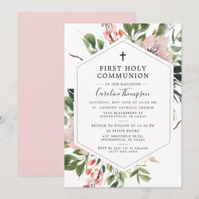 Blush Florals Greenery Watercolor Erstkommunion Einladung (Vorne/Hinten)